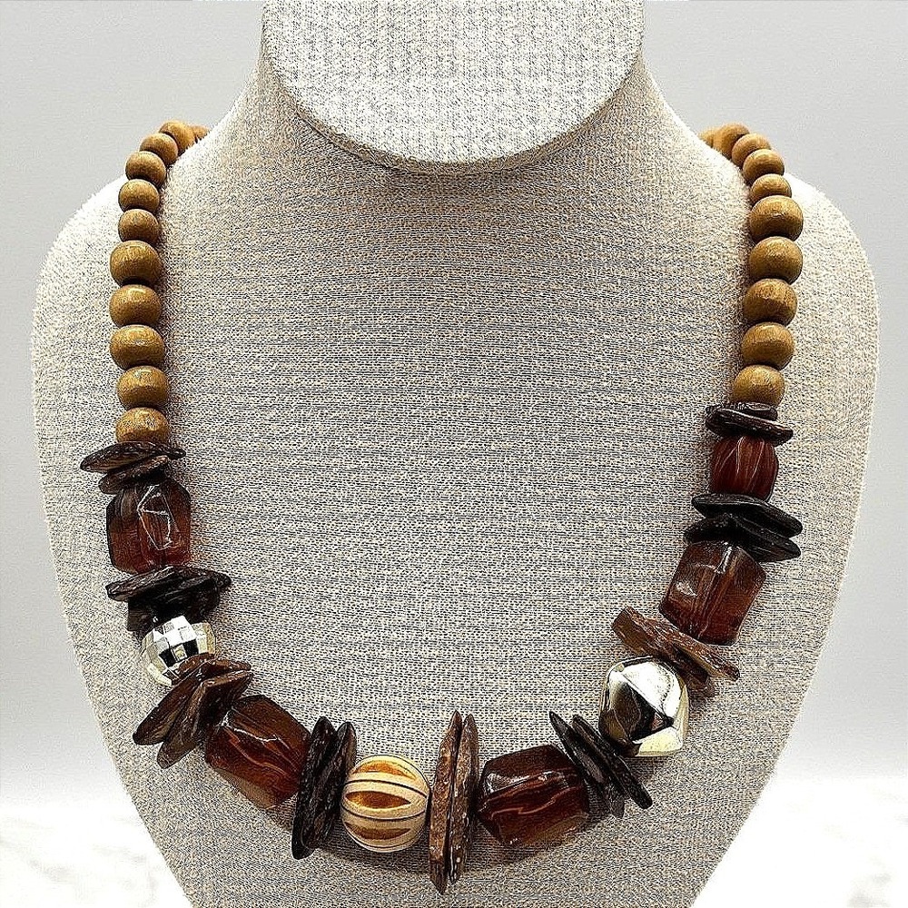 Vintage‎ Chunky Wood Beaded Necklace Brown Amber Tribal Boho Statement